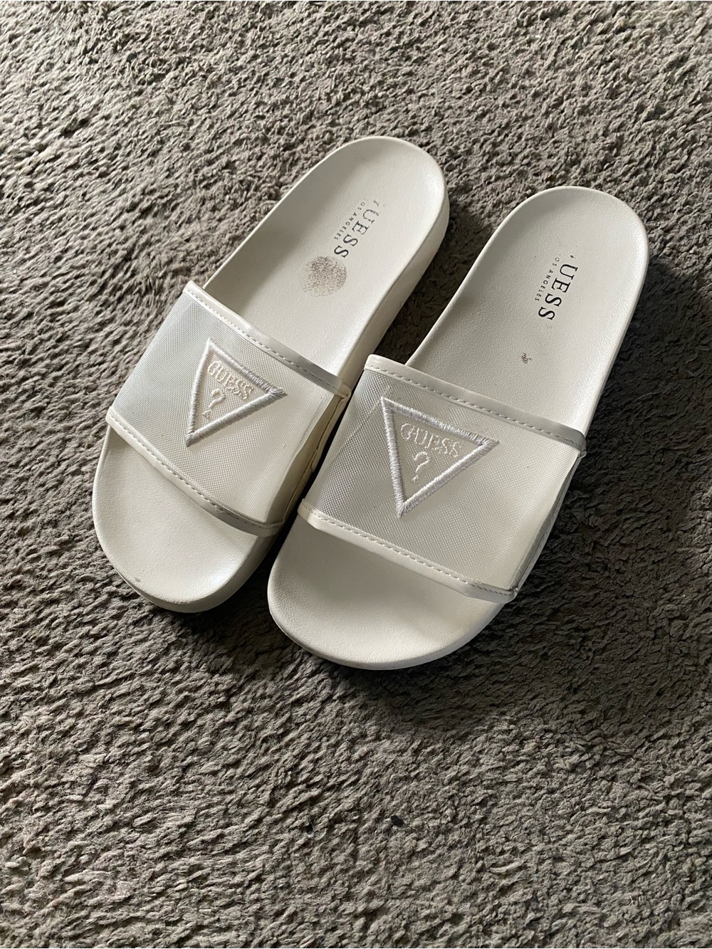 GUESS White Slide Sandals with Triangular Logo Strap